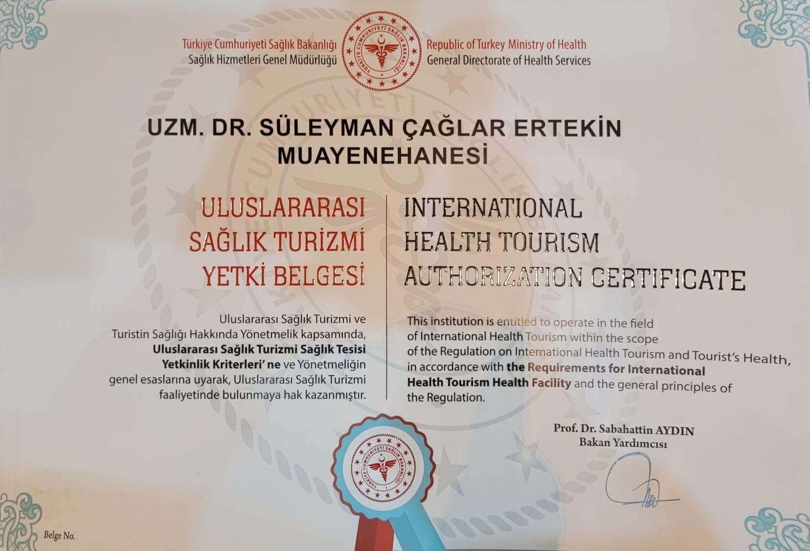 Caglar ertekin international health tourism authorization certificate