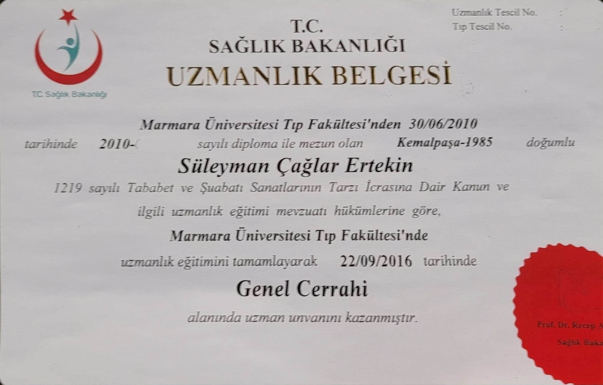 Caglar Ertekin - general surgery specialization certificate