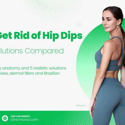 Illustration of hip dips anatomy and 5 realistic solutions including glute exercises, dermal fillers and Brazilian Butt Lift surgery