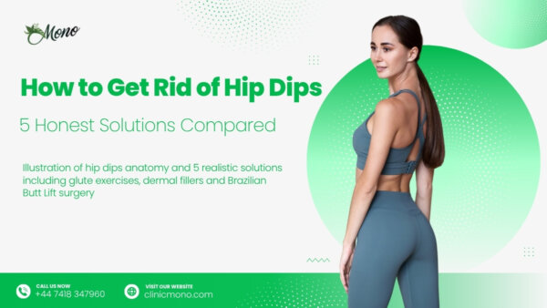 Illustration of hip dips anatomy and 5 realistic solutions including glute exercises, dermal fillers and Brazilian Butt Lift surgery