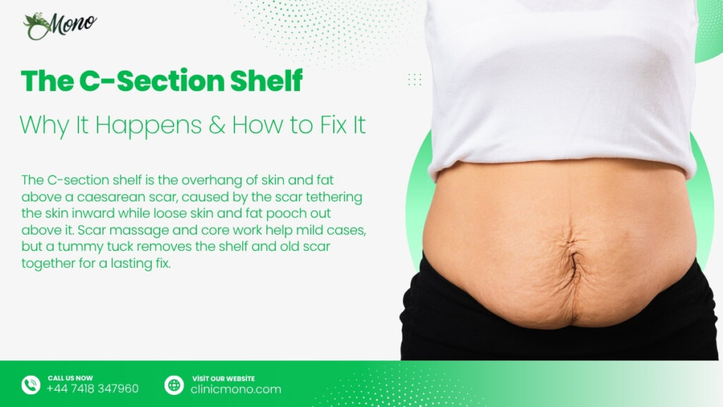 Why a C-section shelf forms over the scar, why exercise won't fix it, and how a tummy tuck removes the shelf and old scar together. Costs inside.