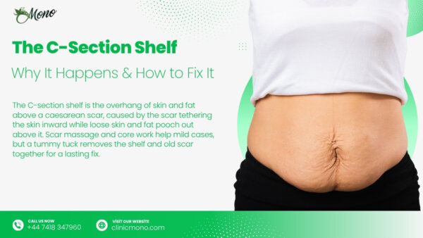 Why a C-section shelf forms over the scar, why exercise won't fix it, and how a tummy tuck removes the shelf and old scar together. Costs inside.