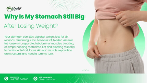 Lost weight but your stomach is still big? The 6 real reasons — visceral fat, loose skin, muscle separation, bloating & more — and what fixes each.