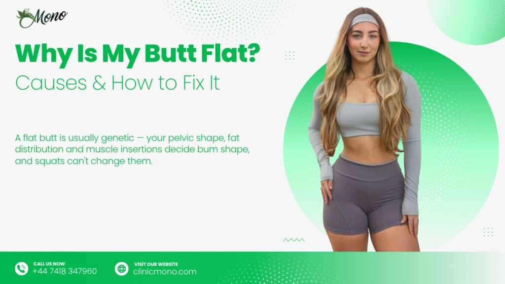 Woman in profile looking at her flat buttocks in a mirror, illustrating common causes of a flat bum and BBL options