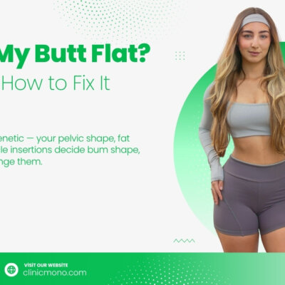 Woman in profile looking at her flat buttocks in a mirror, illustrating common causes of a flat bum and BBL options