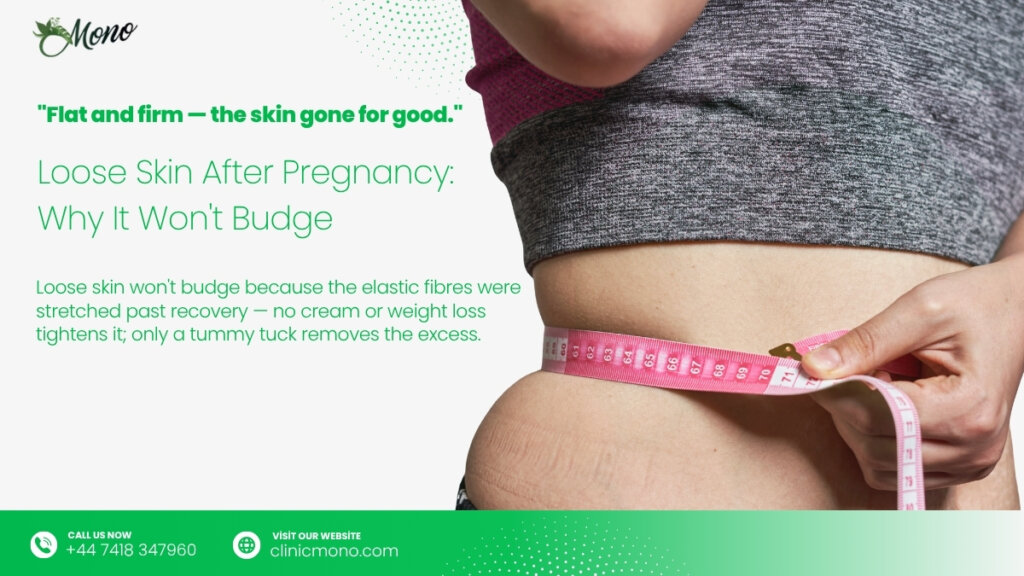 Hanging apron belly of loose skin over a C-section scar before a tummy tuck