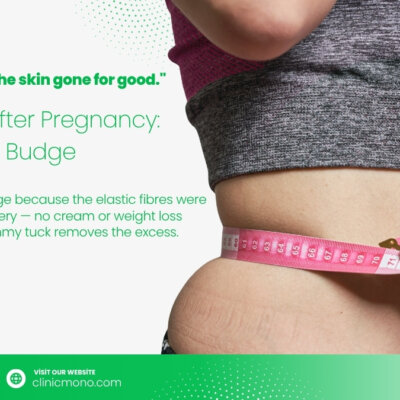 Hanging apron belly of loose skin over a C-section scar before a tummy tuck