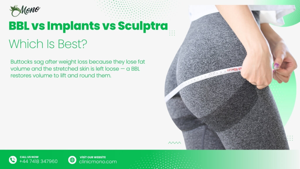 Side-by-side comparison of BBL, butt implants and Sculptra buttock augmentation results on three female figures