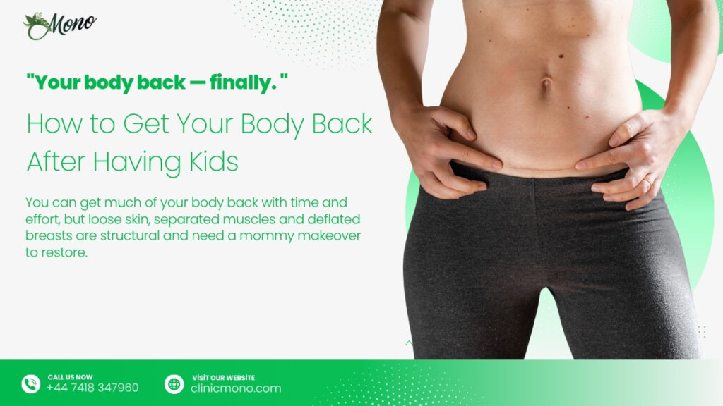 Confident mum showing a restored flat tummy and lifted figure after a mommy makeover