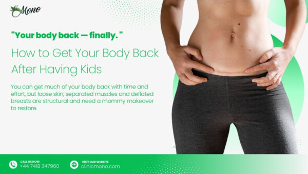 Confident mum showing a restored flat tummy and lifted figure after a mommy makeover