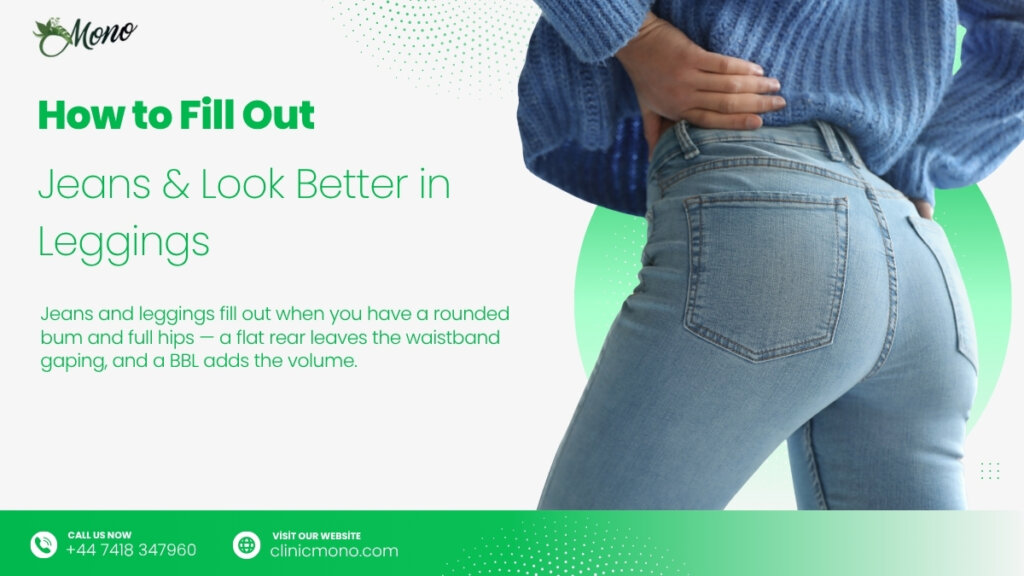 Back view of a woman in jeans with no waistband gap, showing how full hips and bum fill out denim after a BBL