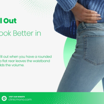 Back view of a woman in jeans with no waistband gap, showing how full hips and bum fill out denim after a BBL