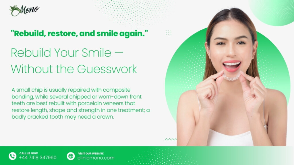 Chipped or worn-down front teeth? See how bonding, veneers and crowns compare, what each costs, and the best fix for your smile.