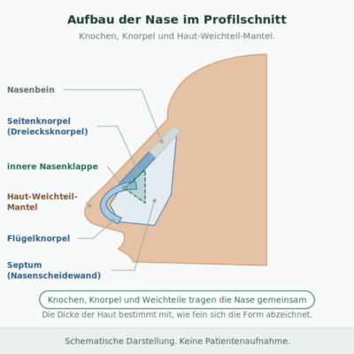 Nasenbein im oberen Drittel, Seitenknorpel im mittleren Drittel, Flügelknorpel an der Spitze, dazwischen das Septum und der Winkel der inneren Nasenklappe.