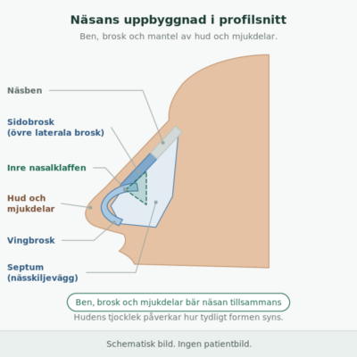 Näsbenet upptill, sidobrosken i mitten och vingbrosken i spetsen. Kolumellan är huden mellan näsborrarna. Nässkiljeväggen delar näsan i två halvor.